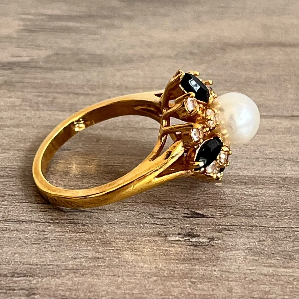 Elegant Pearl, Cubic Zirconia and Black Marquis Multi-Stone Gold Toned Ring